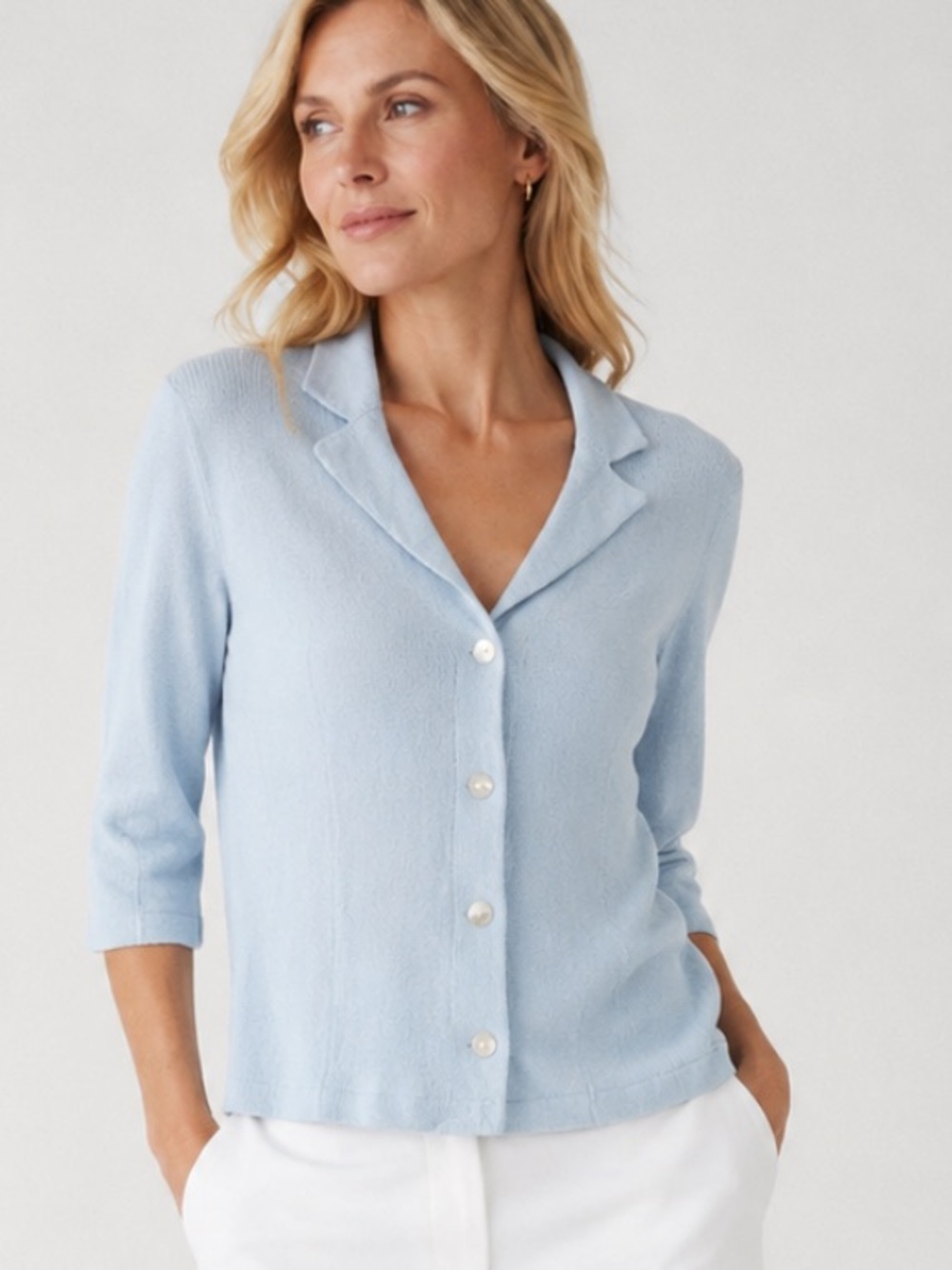 Peter England Nantucket Light Blue 3/4 Sleeve Knit Cardigan Sweater
